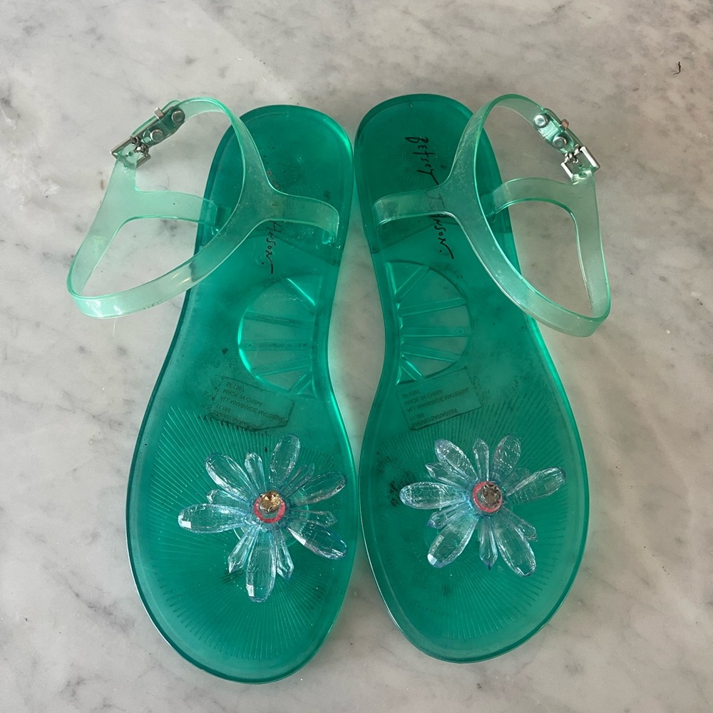 Betsey Johnson Teal Jelly Sandals with Clear Daisy Accent
